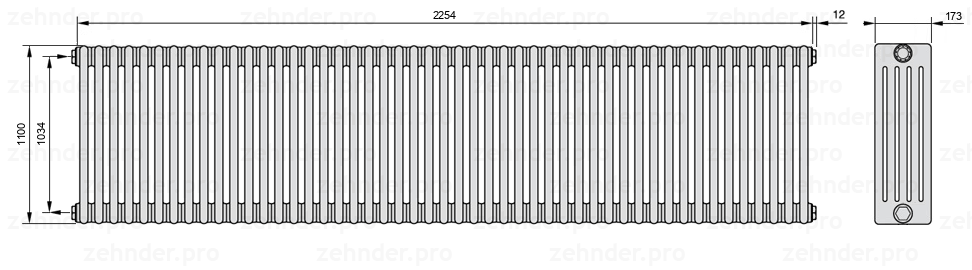 Схема (чертеж) Радиатор Zehnder Charleston 5110/49 №1270 Белый глянцевый RAL 9016